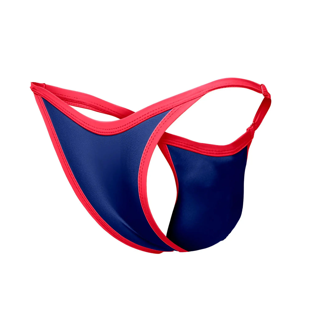 Justin Simon XSJ12 bikini royal blue thong with sleek form-fitting design in navy blue and red shown from the back side