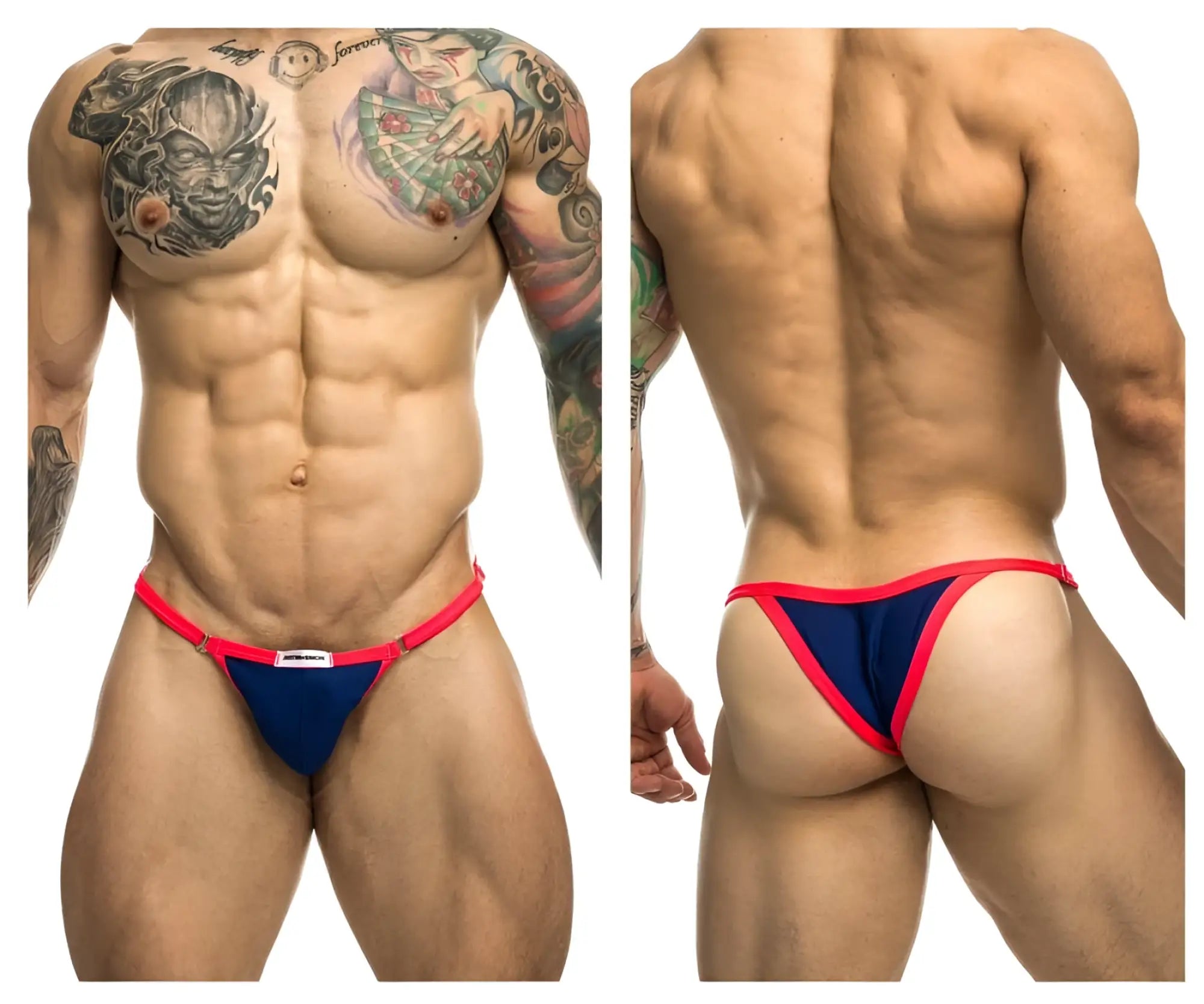 Navy blue and red thong bikini with a small white Justin Simon brand tag at the front in royal blue color