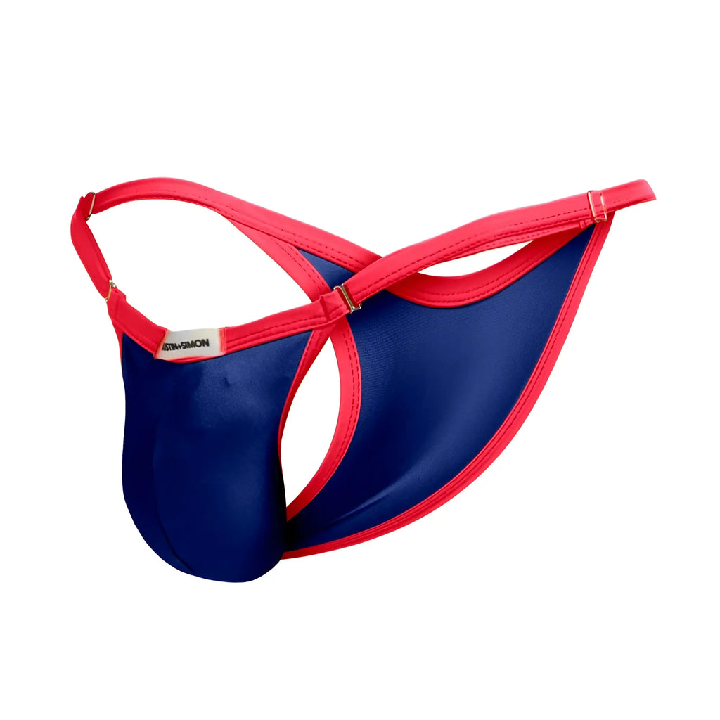 Blue and red shiny smooth thong bikini from justin simon xsj12 royal blue collection shown from the back side