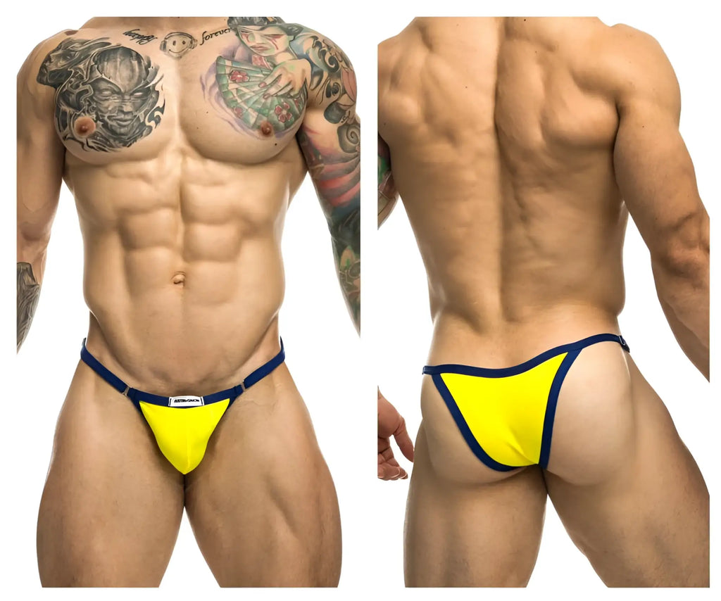 Justin+Simon XSJ12 bikini thong in bright yellow and navy blue with a small white front label