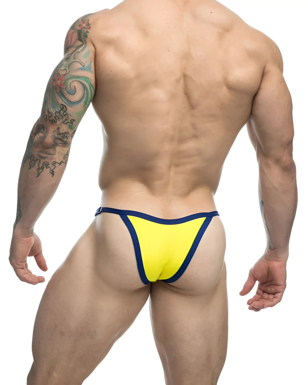 Justin+Simon xsj12 bikini yellow thong in bright yellow and navy blue with a sleek form-fitting design