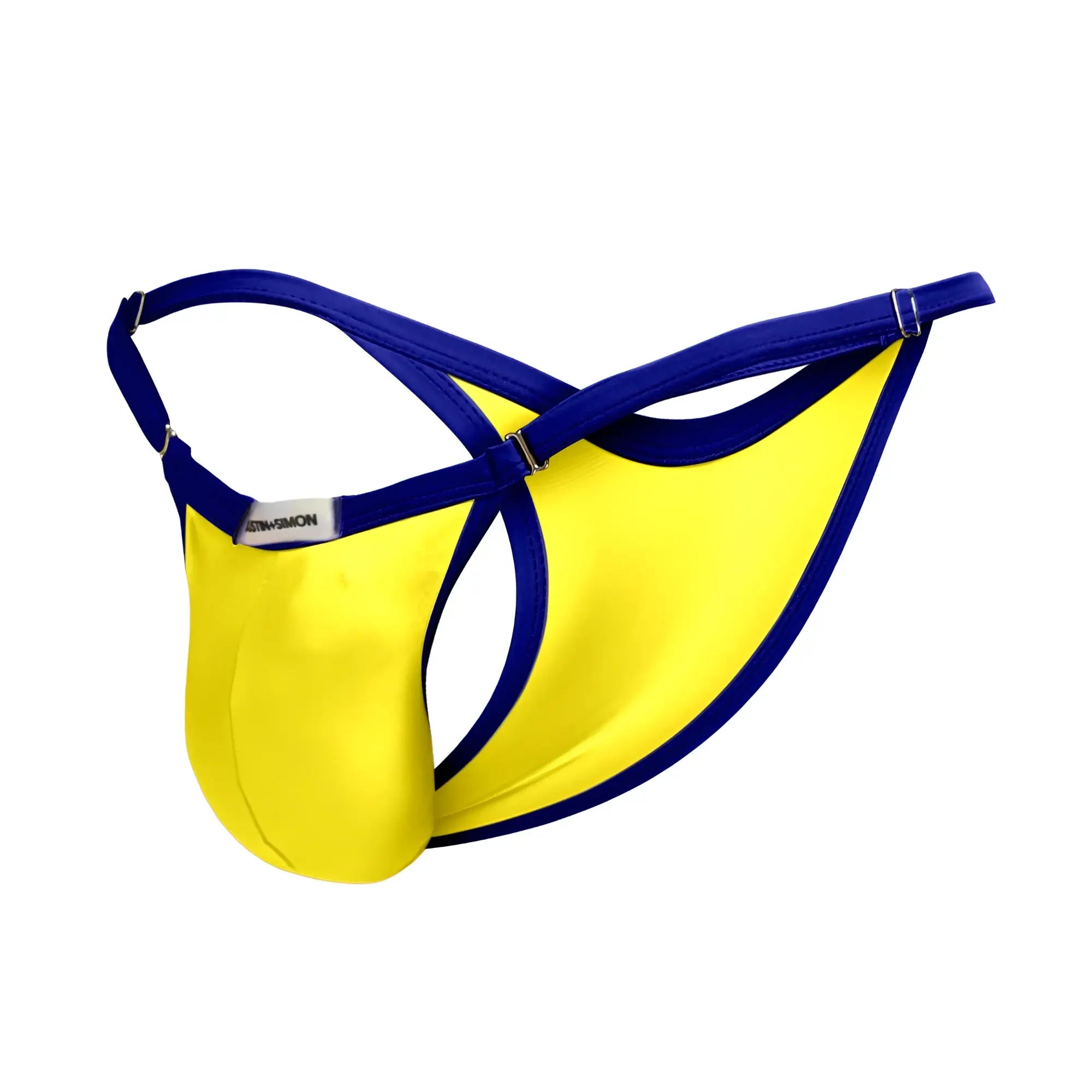 Bright yellow and royal blue satin thong with sleek modern design from JUSTIN+SIMON XSJ12 bikini one color yellow collection