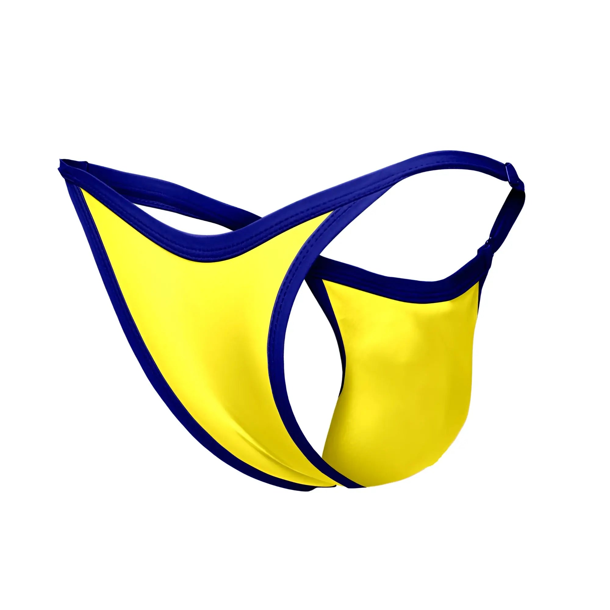 Justin simon xsj12 bright yellow thong bikini with navy blue trim and elastic straps for swimwear use
