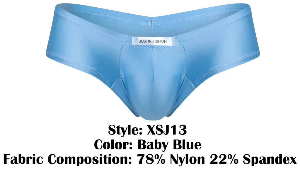 Baby blue justin simon xsj13 men’s cheeky bulge boxer briefs made from 78 nylon 22 spandex front view