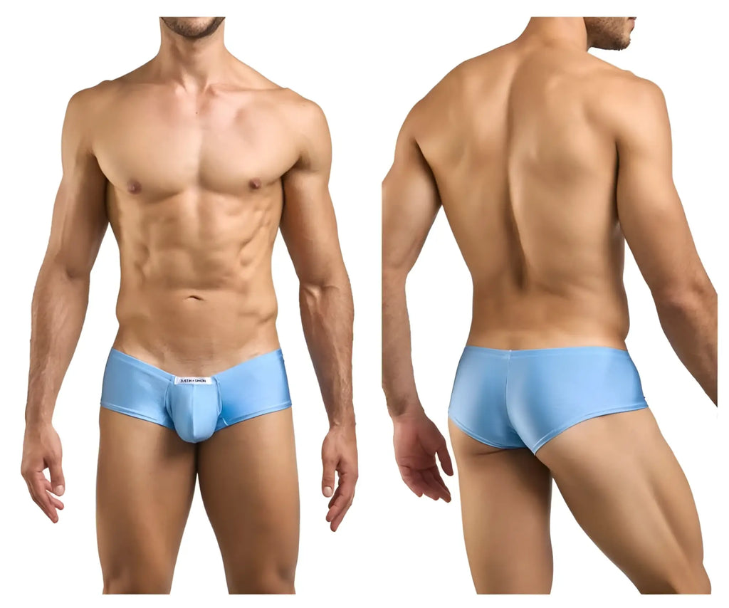 Light blue justin simon xsj13 cheeky bulge boxer briefs with smooth stretchy fabric and a small white front label