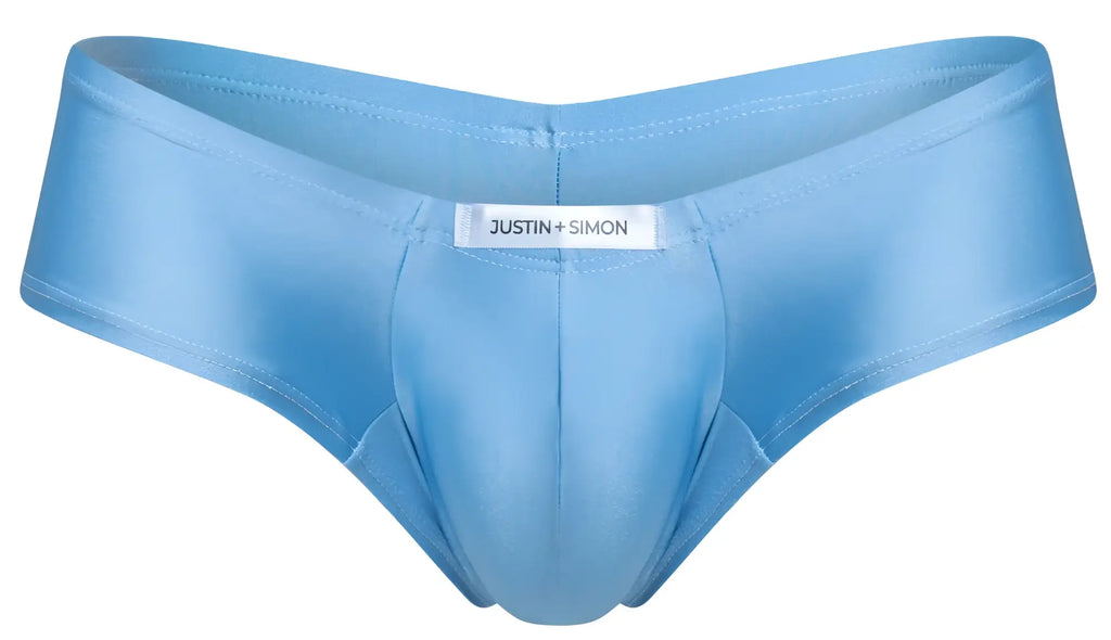 Light blue satin cheeky bulge boxer briefs with justin simon brand label for stylish comfort