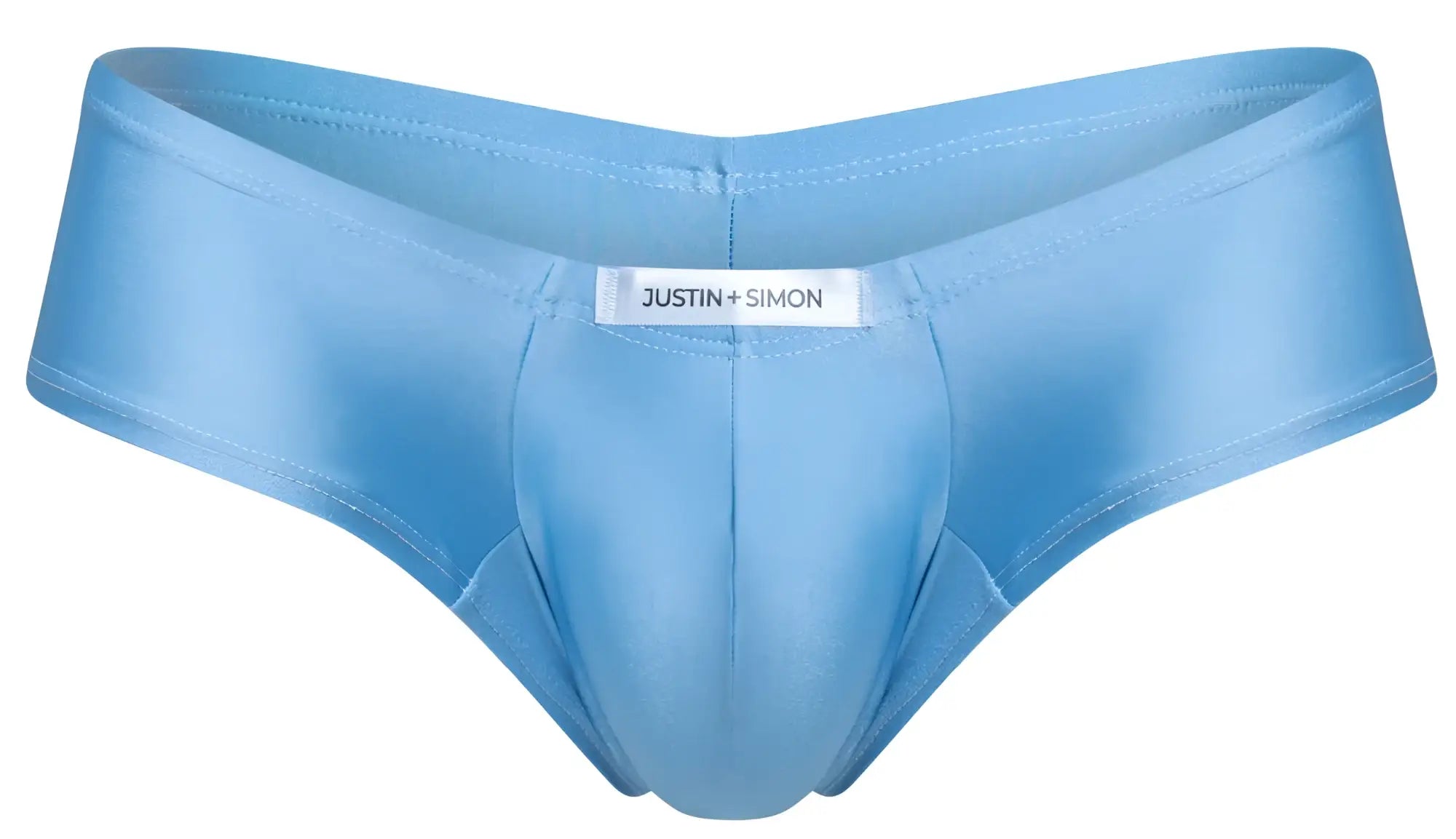 Light blue satin cheeky bulge boxer briefs with justin simon brand label for stylish comfort