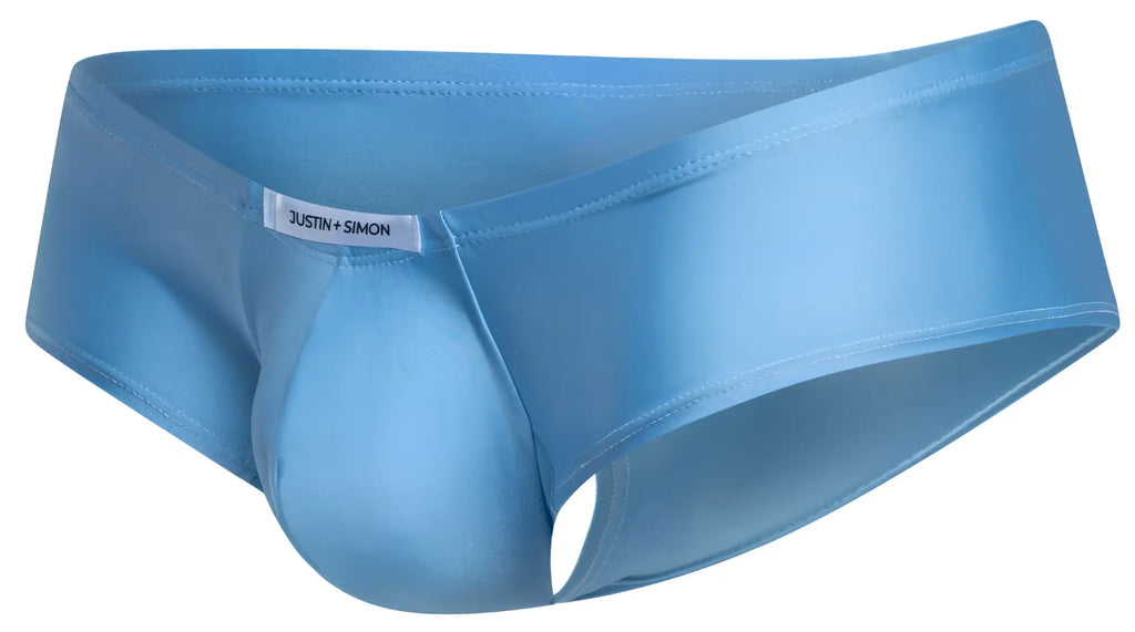 Light blue satin cheeky bulge boxer briefs with glossy finish and justin simon branded tag in baby blue color