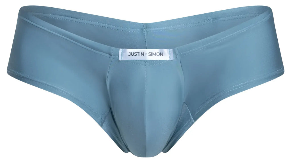 Justin simon men’s light blue briefs with smooth form-fitting fabric and central pouch in metal green color