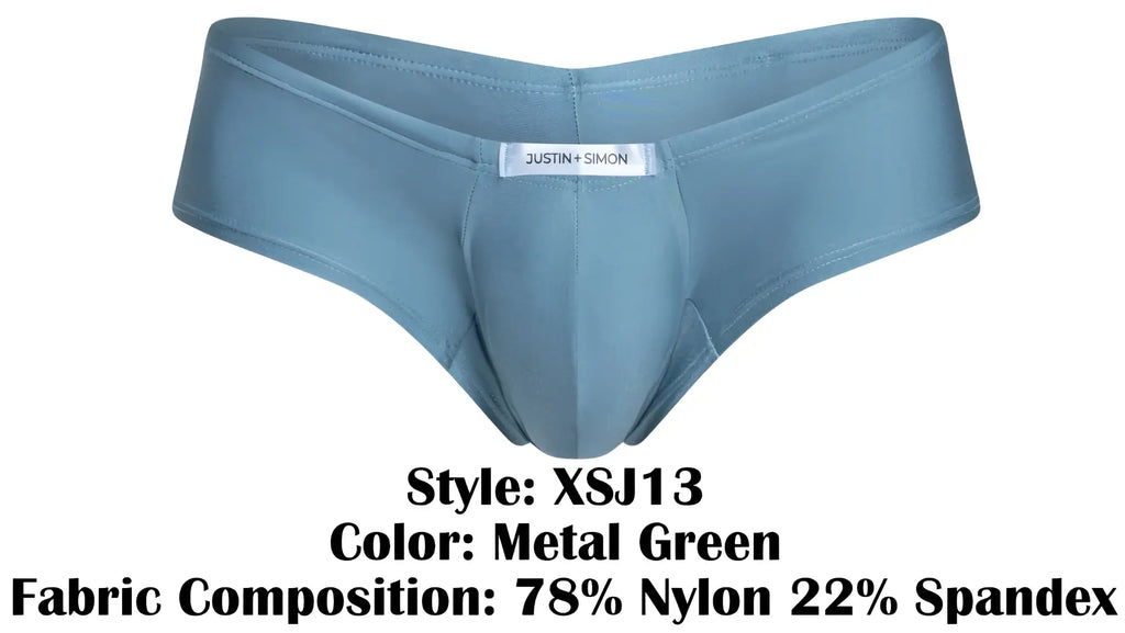 Metal green justin simon men’s cheeky bulge boxer briefs made from 78 nylon and 22 spandex for comfort and support
