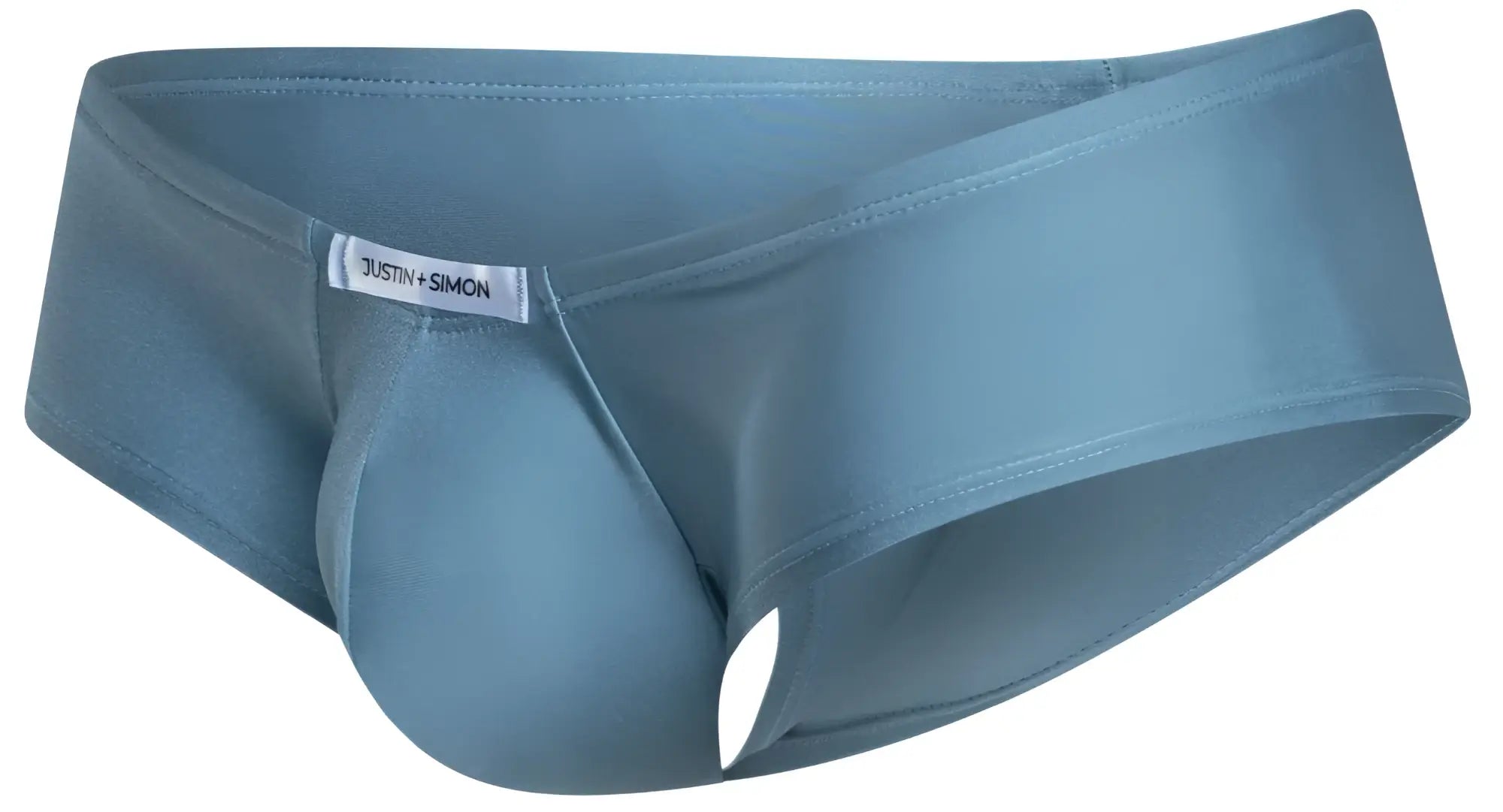 A sleek slate blue justin simon men’s cheeky bulge boxer with smooth fabric and subtle waistband brand tag