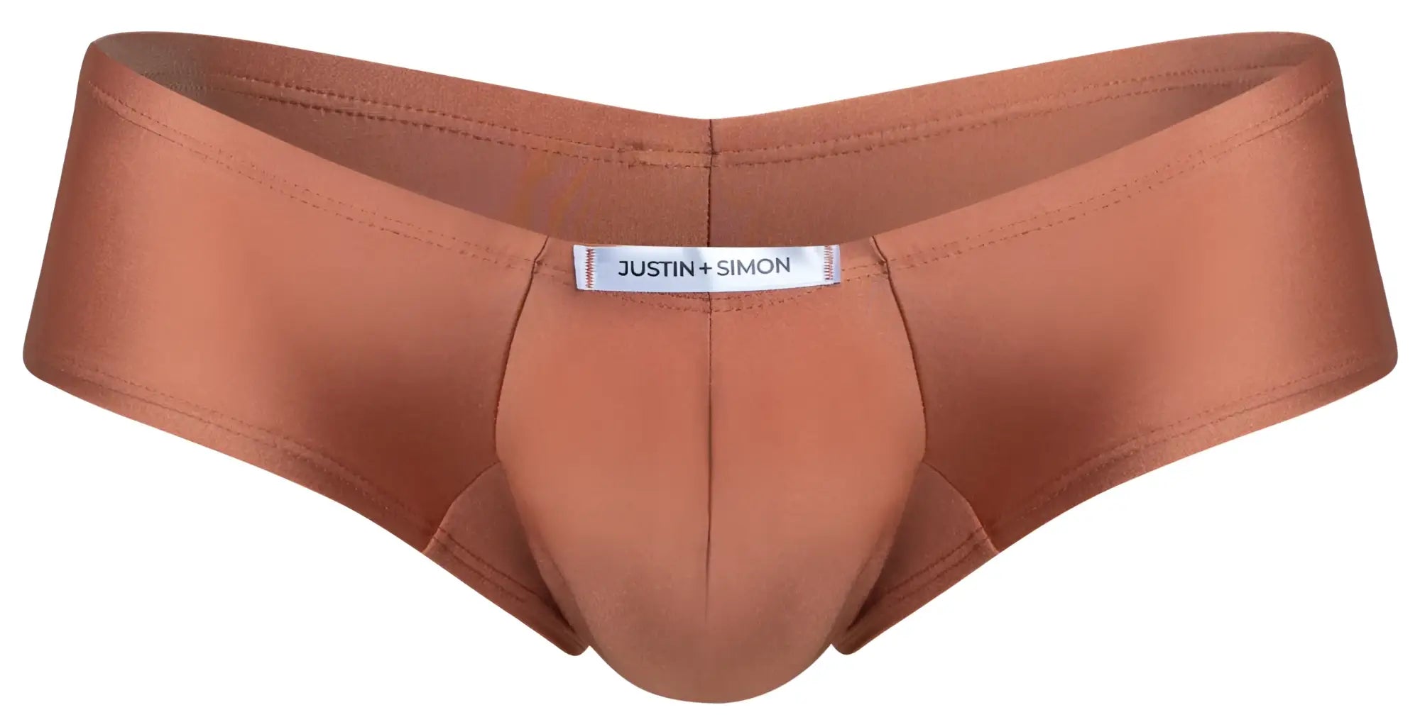 Justin simon mens copper satin cheeky bulge boxer briefs with smooth shiny fabric and contoured design in ochre