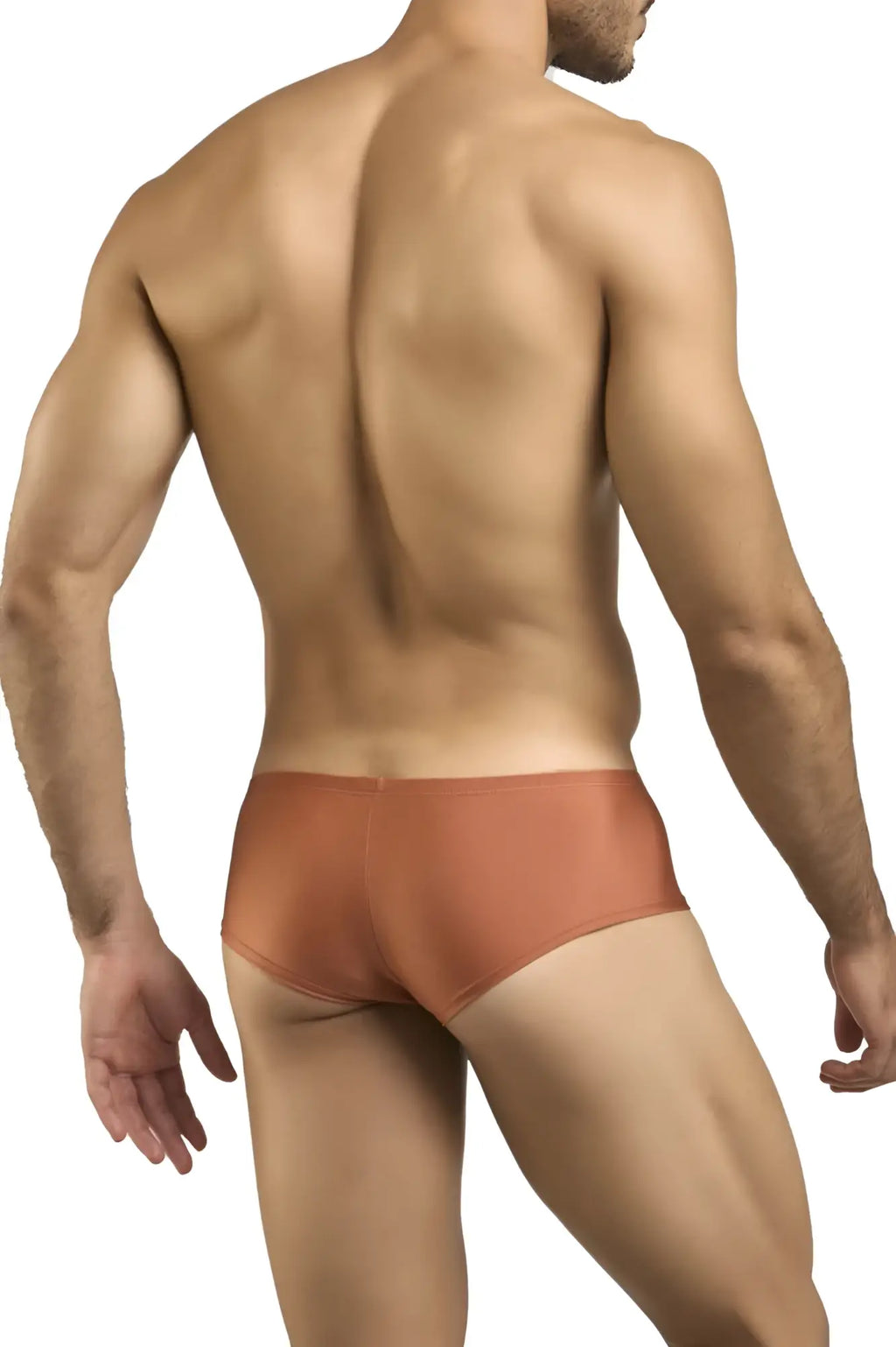 Justin Simon XSJ13 cheeky bulge boxer in ochre color with sleek rust-colored smooth form-fitting fabric