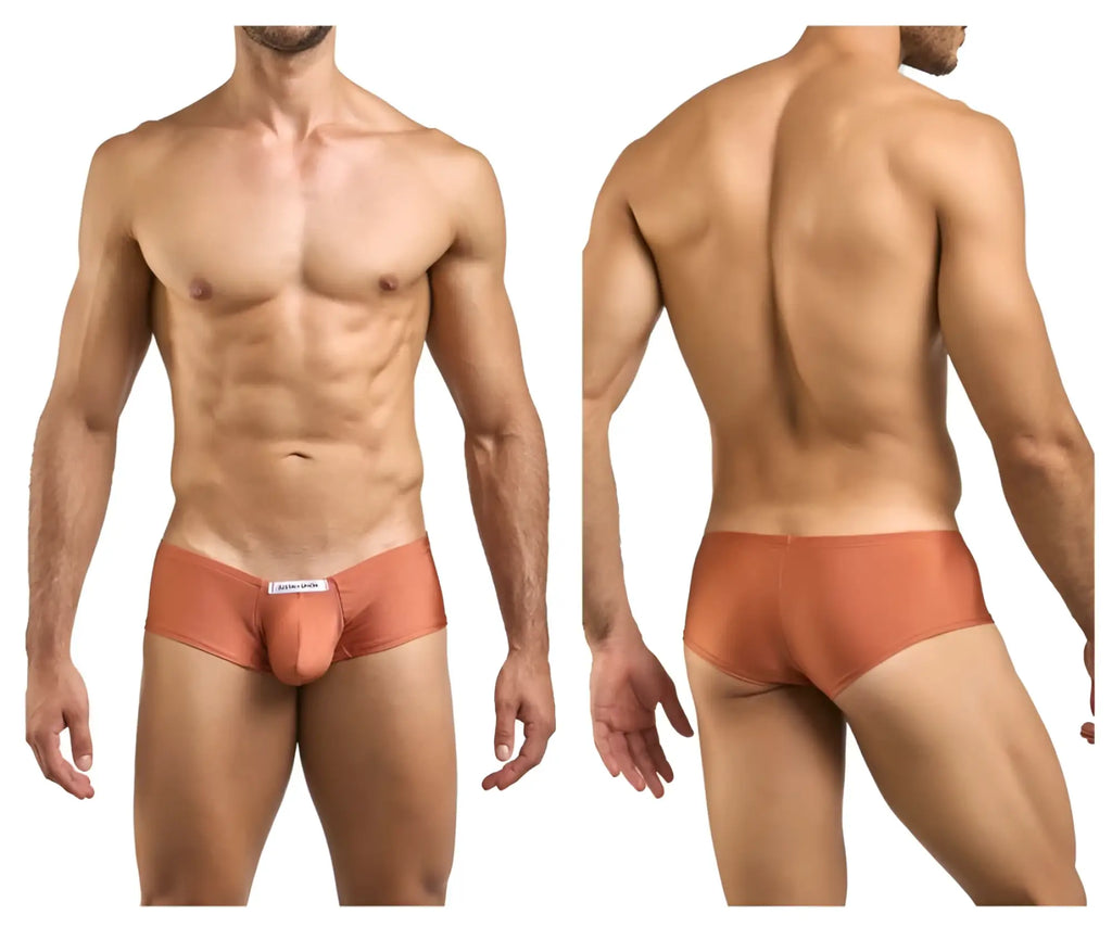 Justin simon xsj13 cheeky bulge boxer in ochre tan smooth fabric with form-fitting design and small white front label