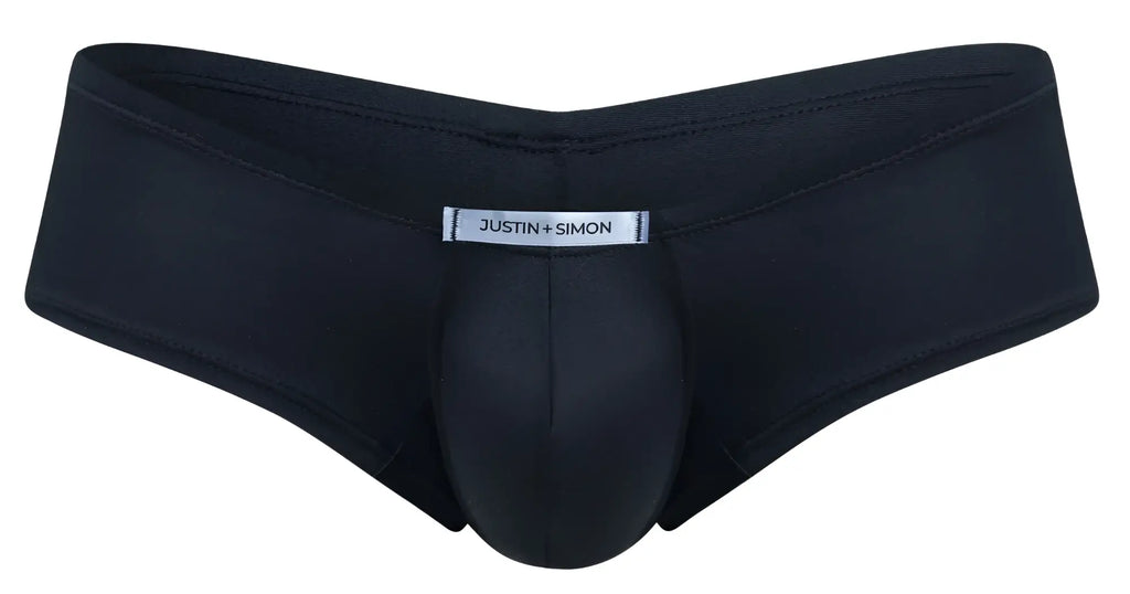 Black justin simon men’s briefs with smooth form-fitting design and reinforced stitching from the xsj13 cheeky bulge boxer line