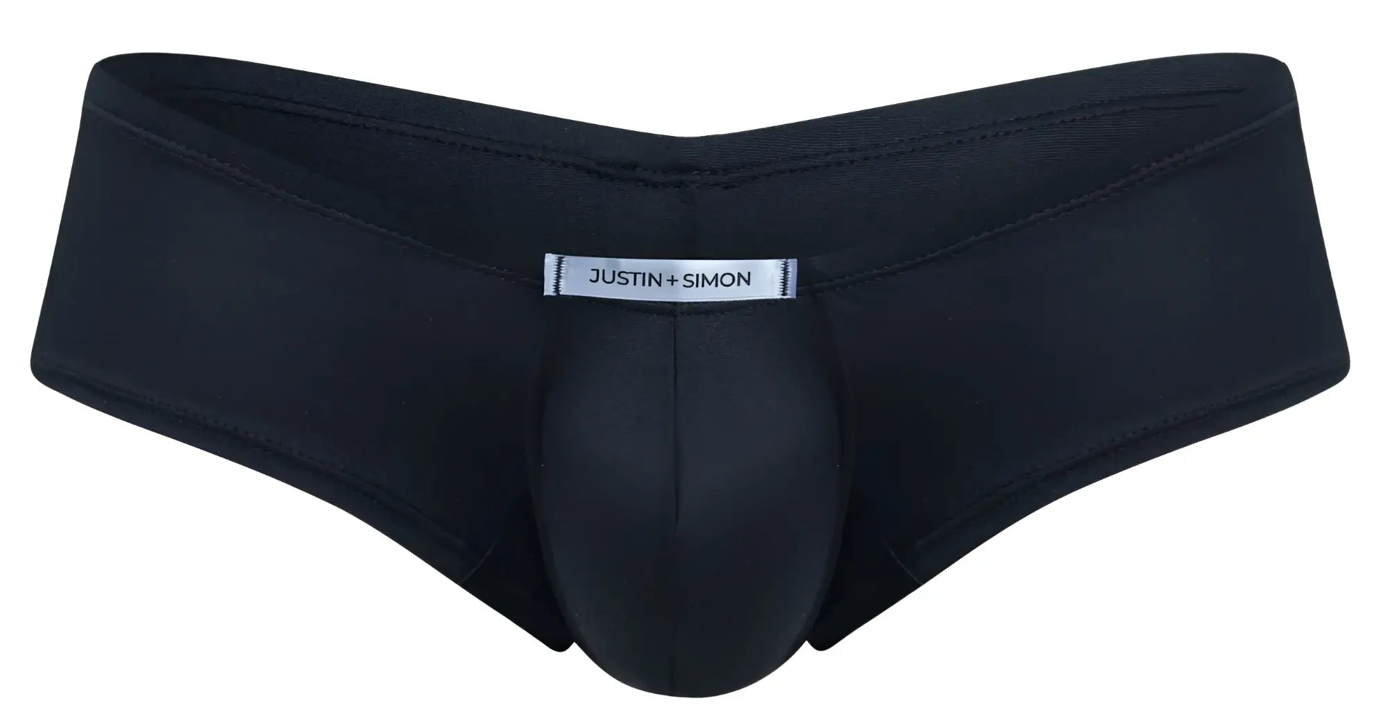 Black justin simon men’s briefs with smooth form-fitting design and reinforced stitching from the xsj13 cheeky bulge boxer line