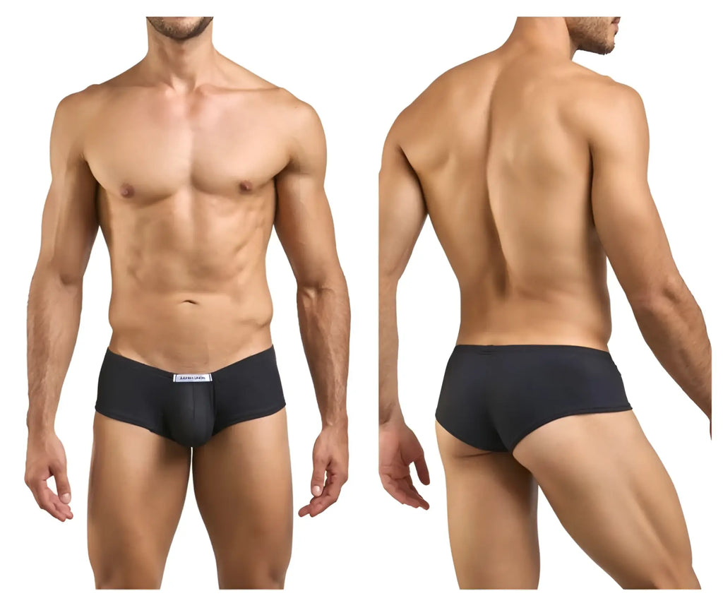 Black men’s briefs with cheeky bulge boxer style in peach and black featuring a white label waistband