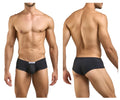 Black men’s briefs with cheeky bulge boxer style in peach and black featuring a white label waistband