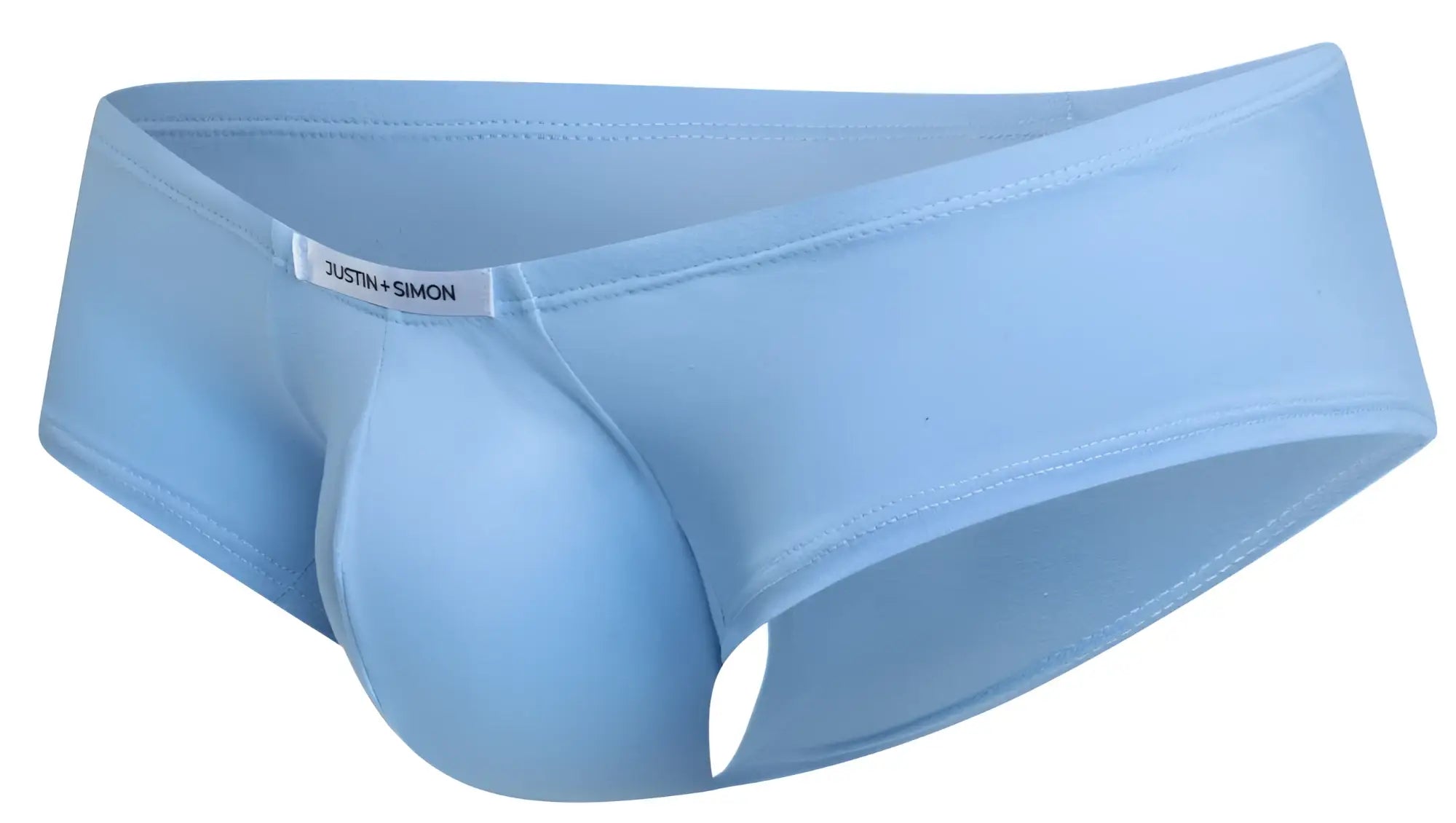 Light blue justin simon men’s briefs with a smooth seamless design from the cheeky bulge boxer line peach blue color