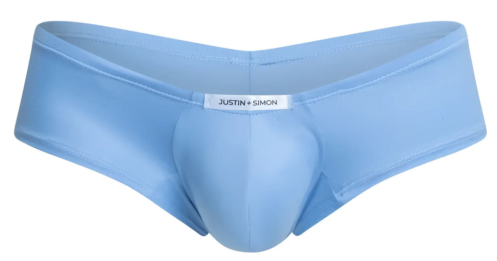 Light blue satin briefs with central pouch design and justin plus simon label from justin plus simon xsj13 cheeky bulge boxer