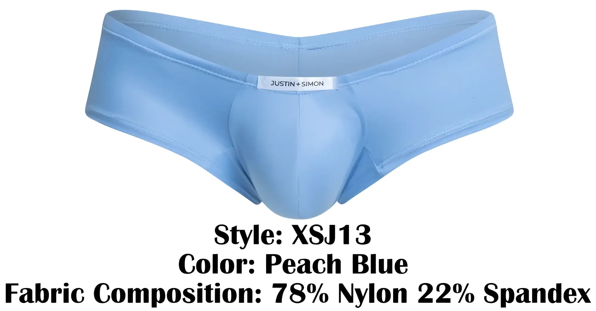 Peach blue men’s cheeky bulge boxer in stretchy nylon spandex blend with justin plus simon brand label