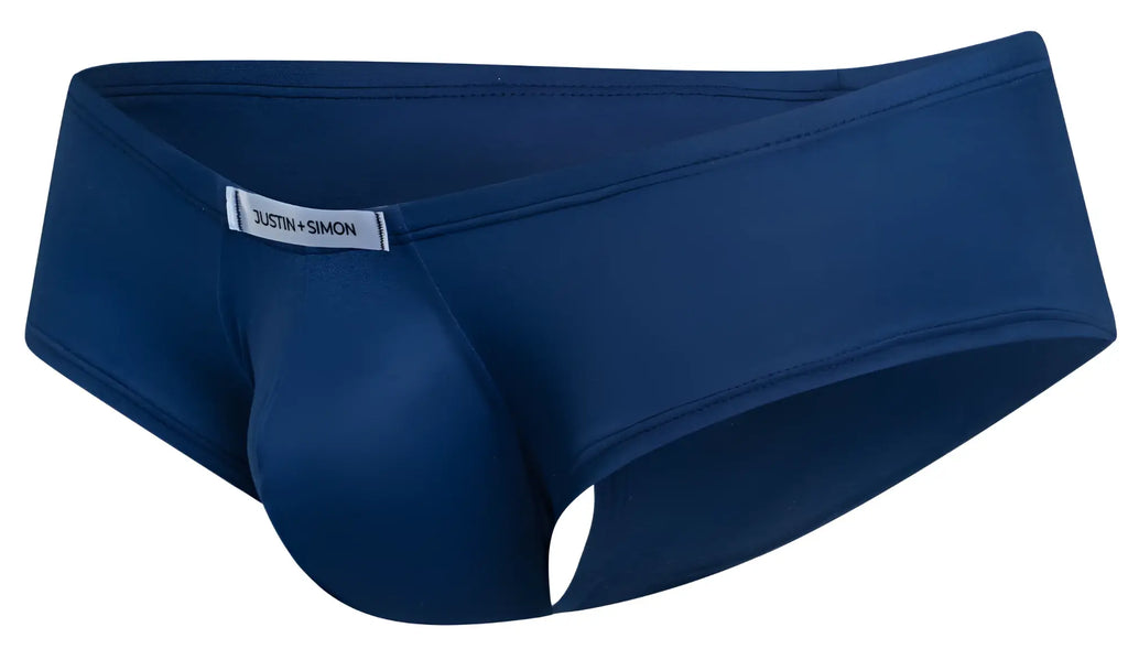 Navy blue justin simon men’s cheeky bulge briefs with smooth form fitting fabric and subtle waistband label