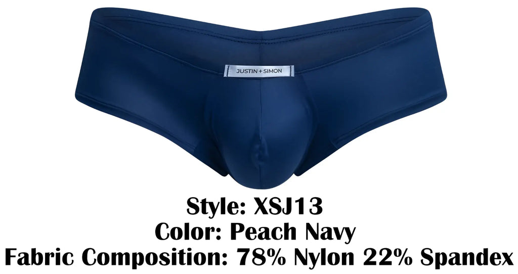 Navy blue justin simon xsj13 cheeky bulge boxer briefs with smooth stretchy fabric and subtle brand tag on waistband