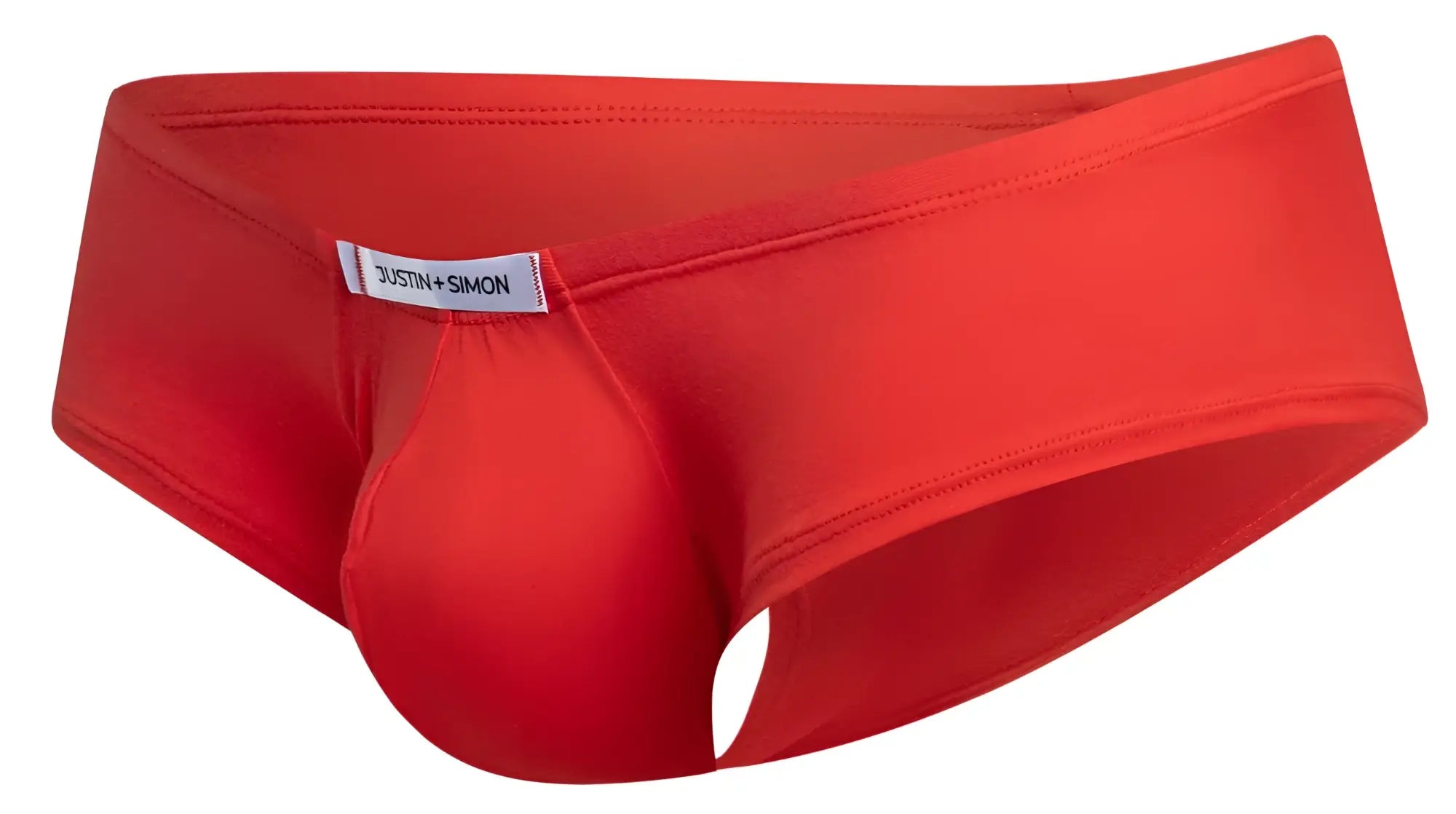 Bright red justin simon cheeky bulge boxer with form-fitting pouch and white brand label in peach red color