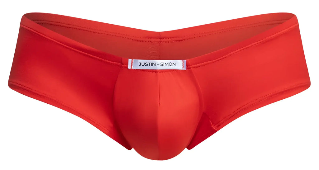 Bright red men’s briefs with smooth texture and central pouch design from justin plus simon cheeky bulge boxer collection
