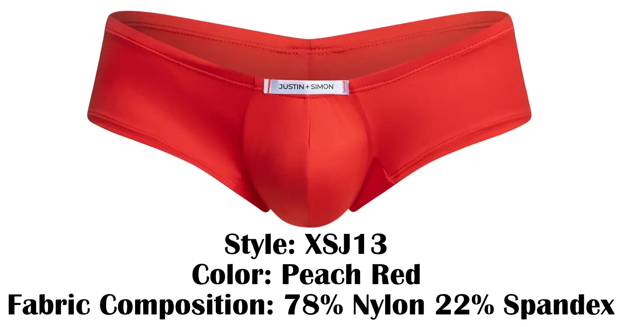 Peach red justin simon men’s briefs in stretchy nylon and spandex blend with cheeky bulge boxer style