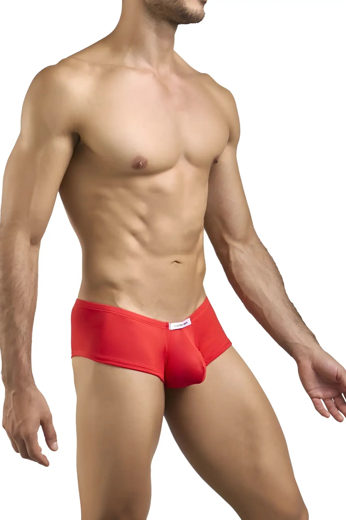 JustinSimon XSJ13 cheeky bulge boxer in peach red with snug fit and small white label on waistband