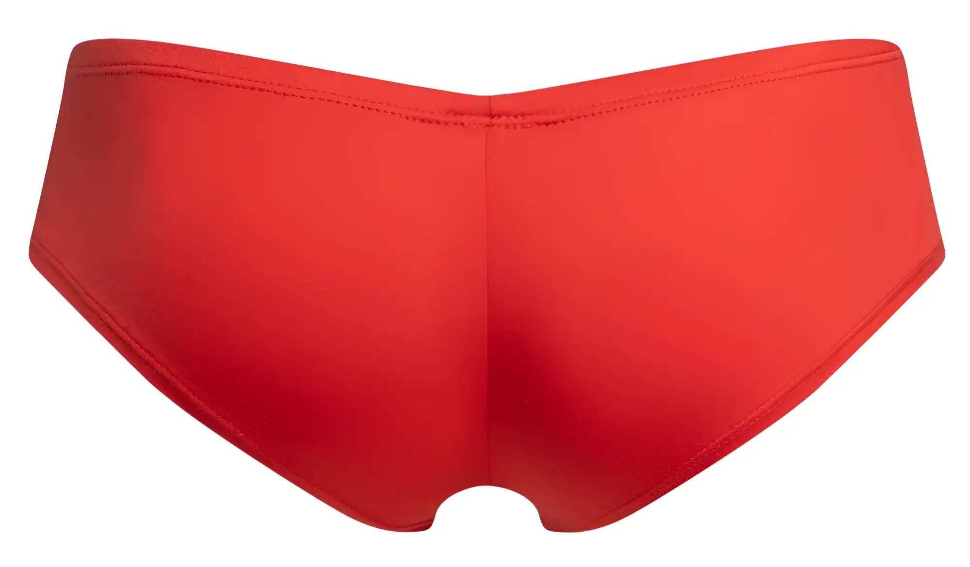 Red smooth-textured cheeky bulge boxer bikini bottom in peach red by justin simon with a seamless design