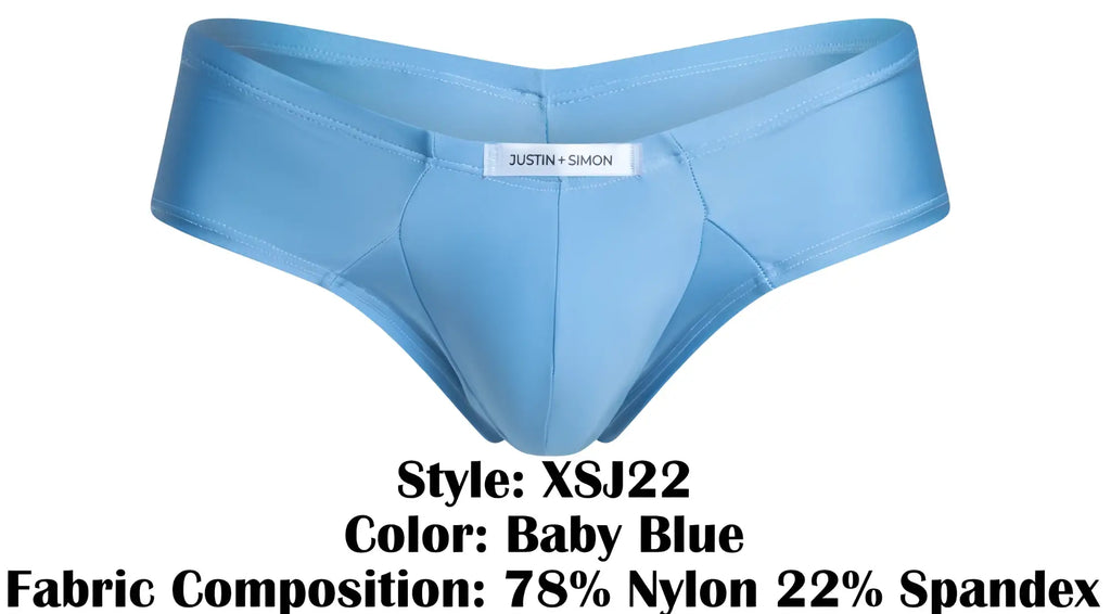 Baby blue justin simon men’s briefs made of 78 nylon and 22 spandex comfortable cheek brief design