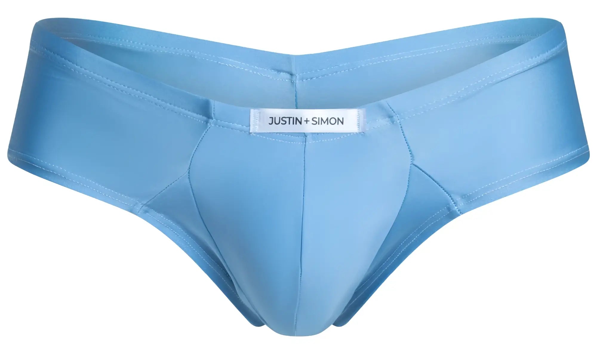 Light blue justin simon men’s briefs in smooth satin fabric with a sleek contoured design cheek brief style