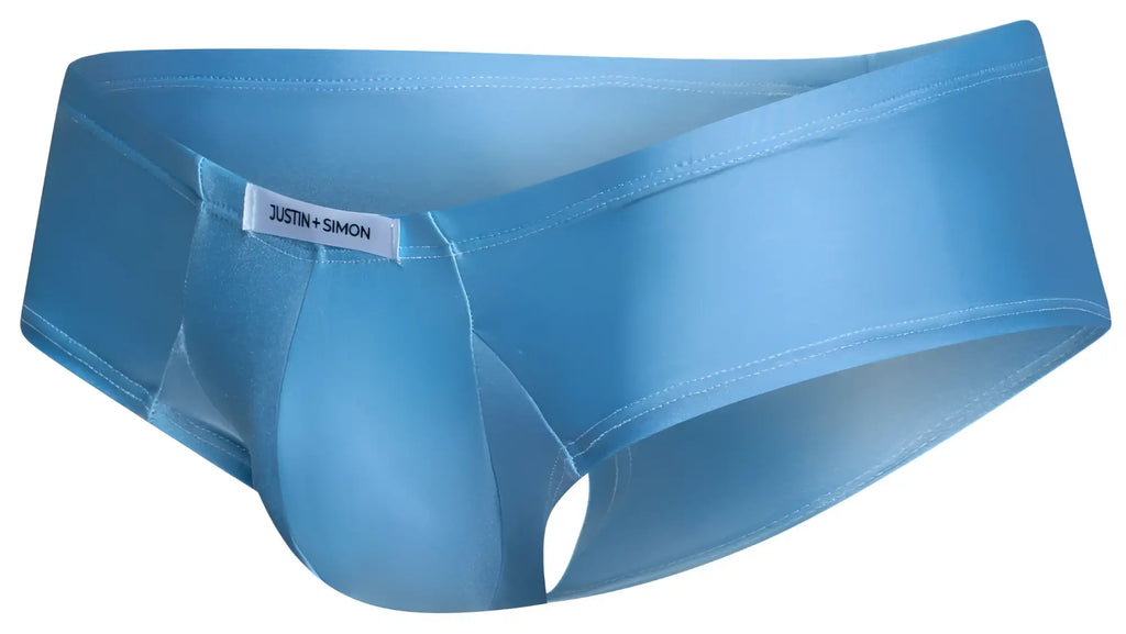 Light blue satin cheek briefs with subtle sheen and justin simon white label on the waistband