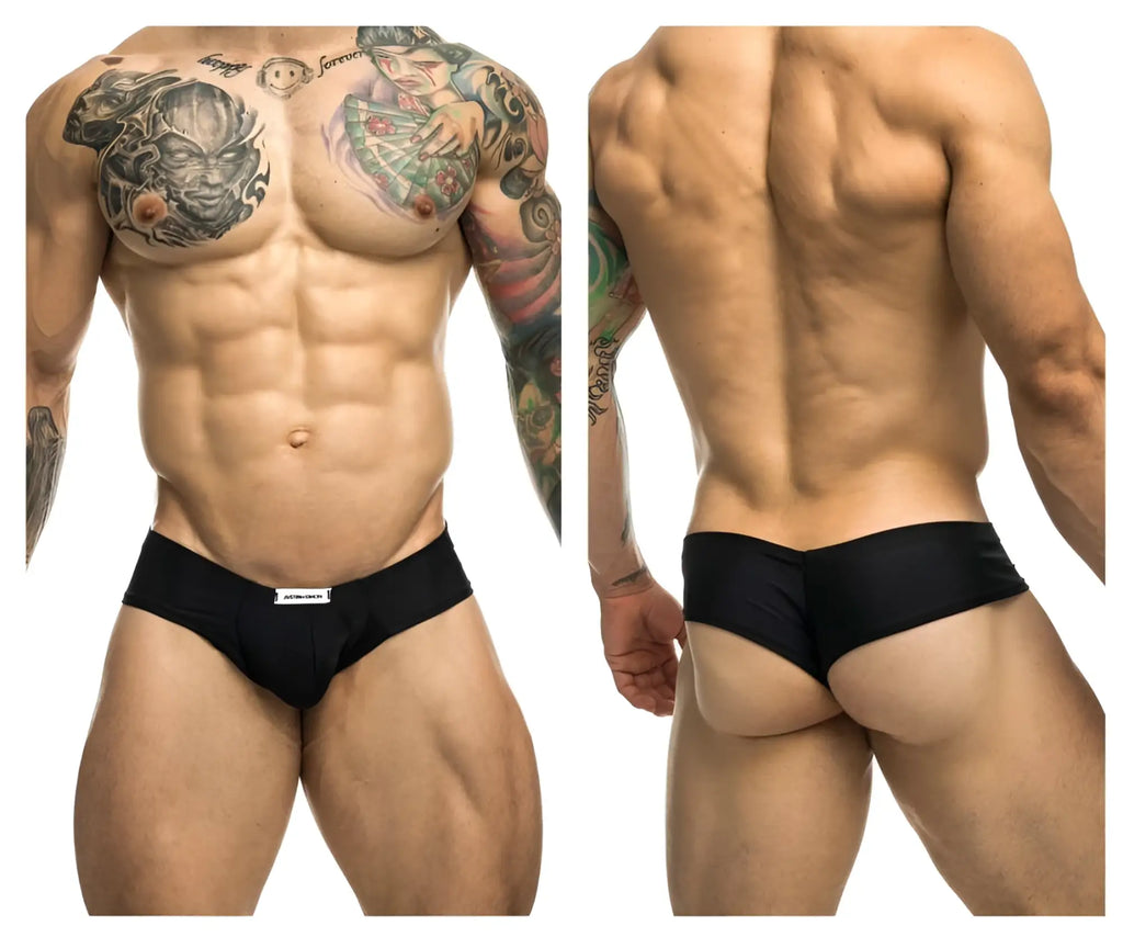 Black justin simon xsj22 cheek briefs with white brand tag on waistband designed for athletic comfort