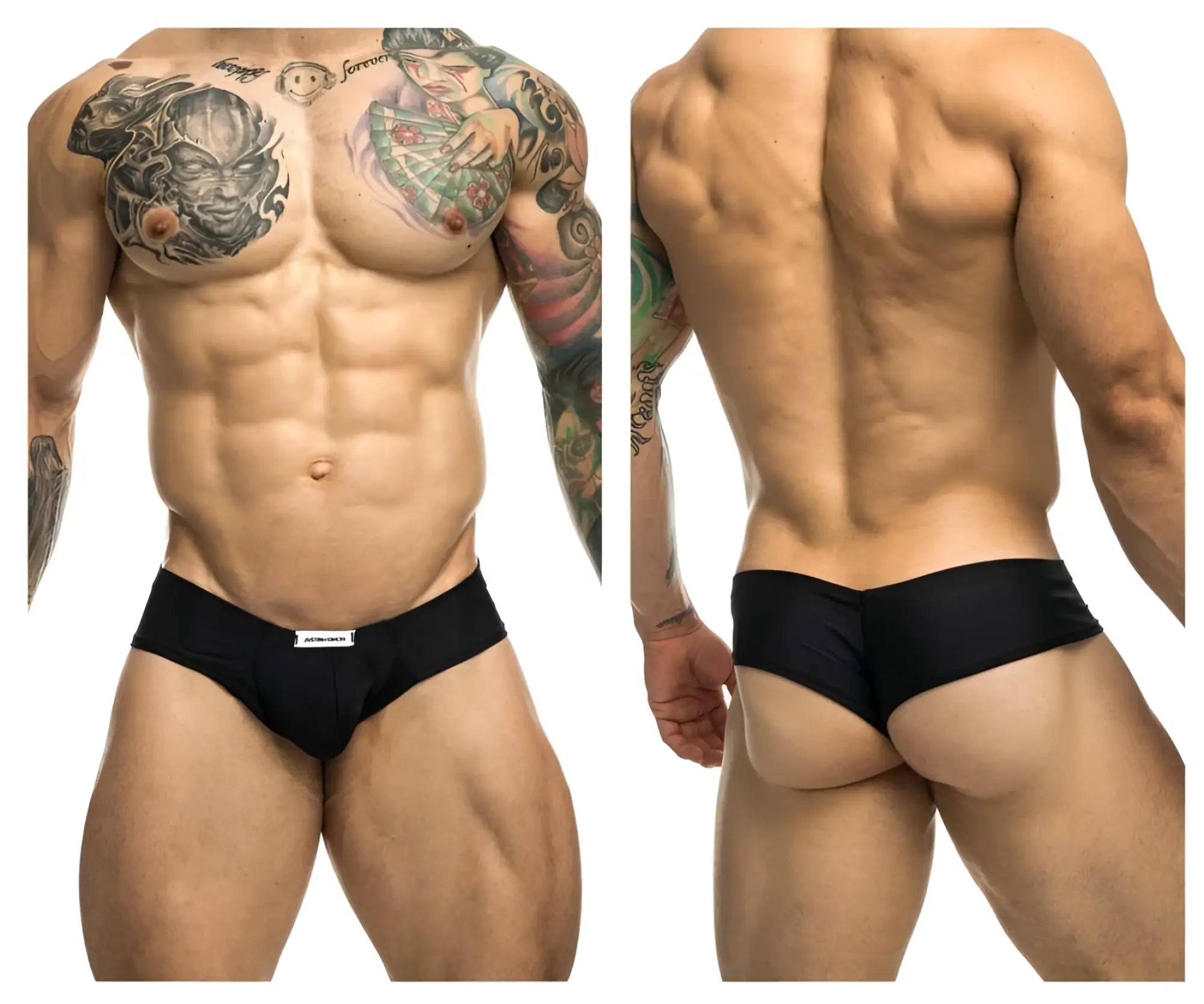 Black justin simon xsj22 cheek briefs with white brand tag on waistband designed for athletic comfort