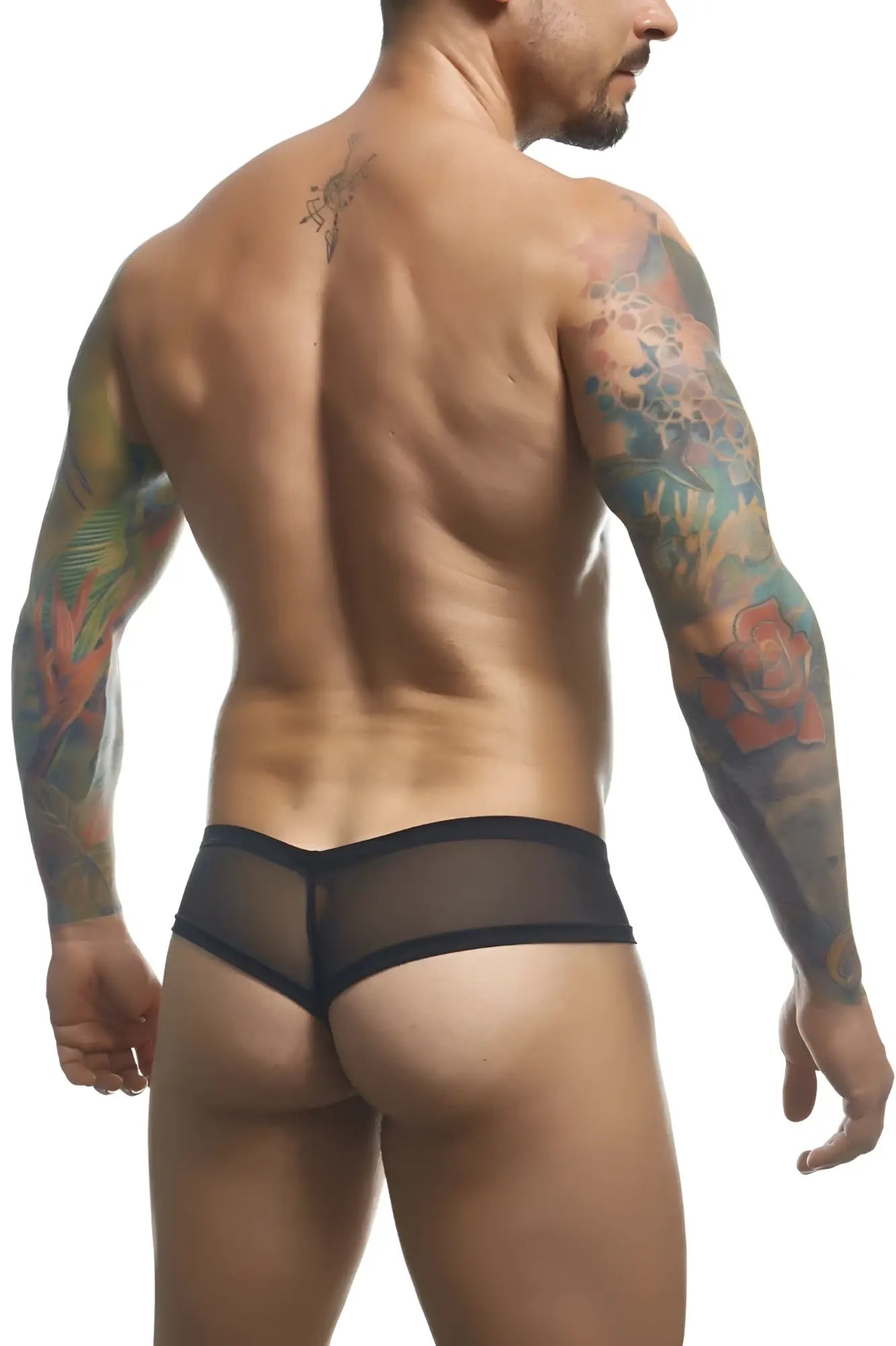 Justin simon xsj22 cheek briefs in black sheer mesh with a solid black waistband showing the front view