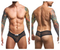 Black sheer mesh cheek briefs with solid black waistband and white justin+simon brand tag in front view