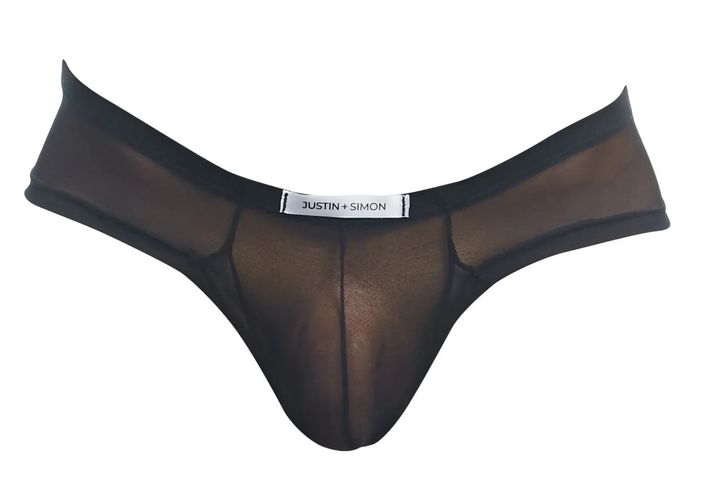 Black sheer mesh cheek briefs with solid waistband and justin simon label in black color see through material