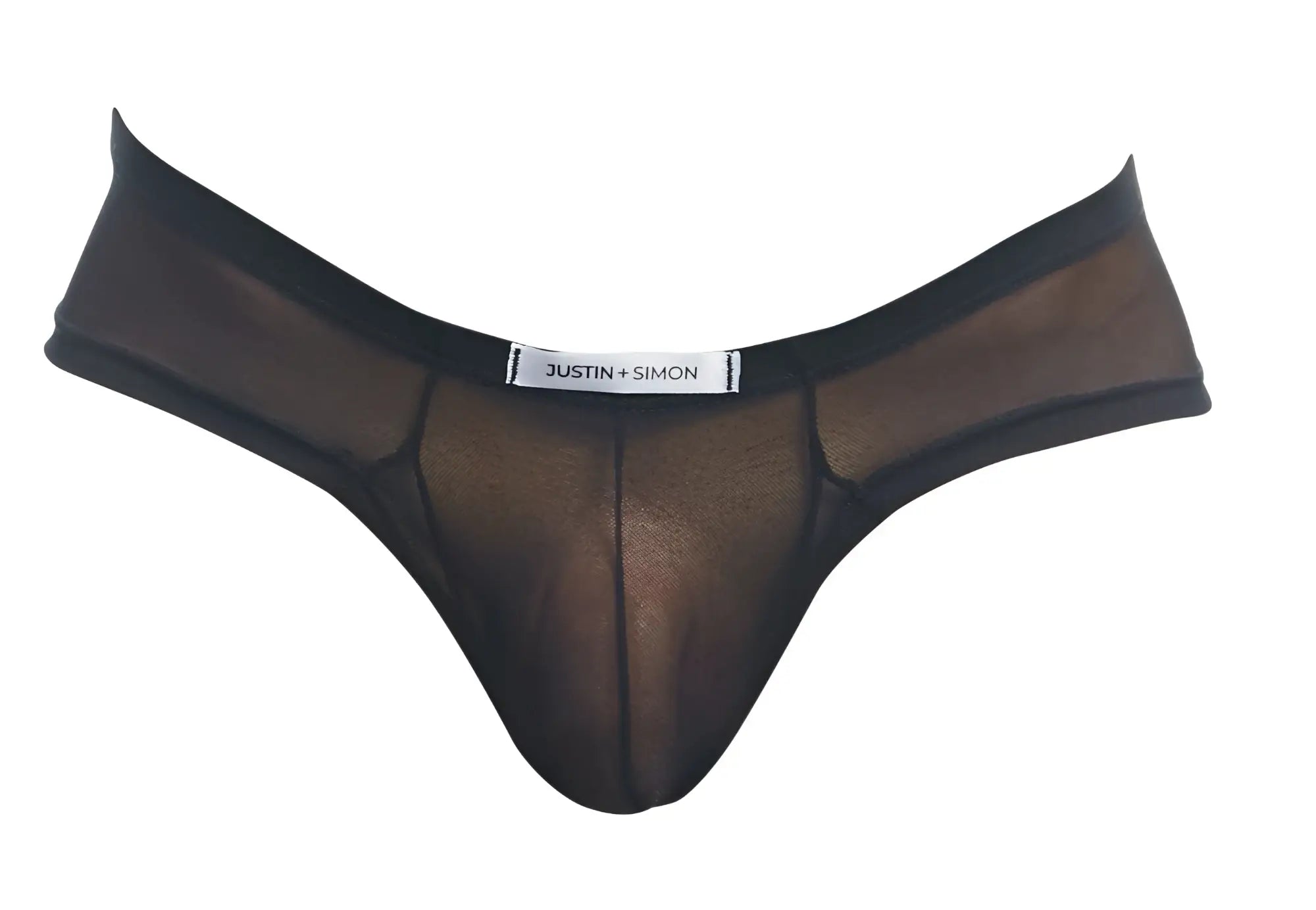 Black sheer mesh cheek briefs with solid waistband and justin simon label in black color see through material
