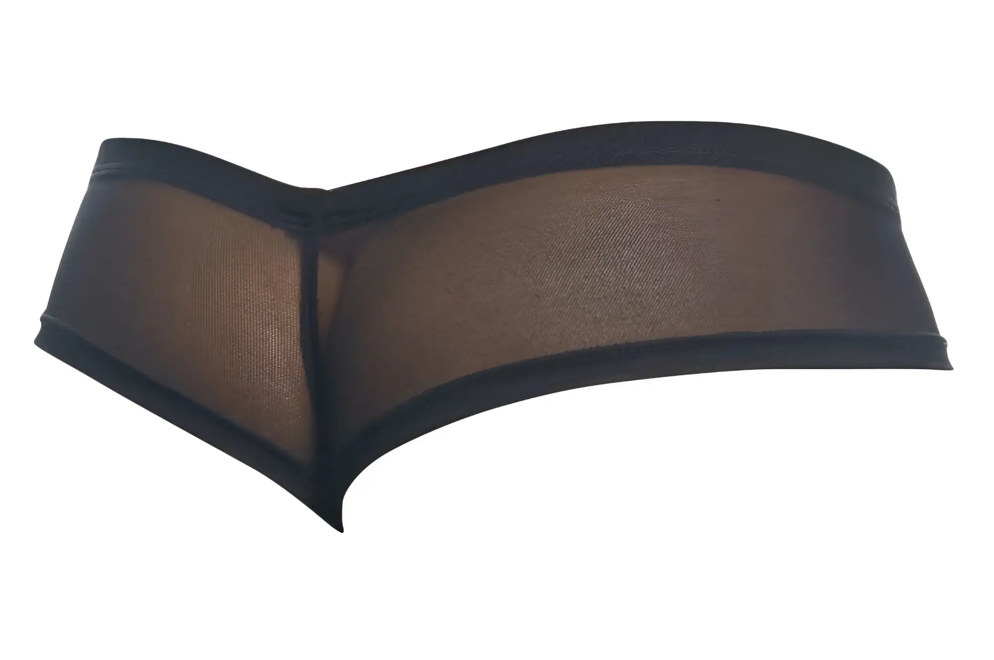 Black sheer mesh thong with solid black elastic waistband from JUSTIN SIMON XSJ22 cheek briefs collection front view