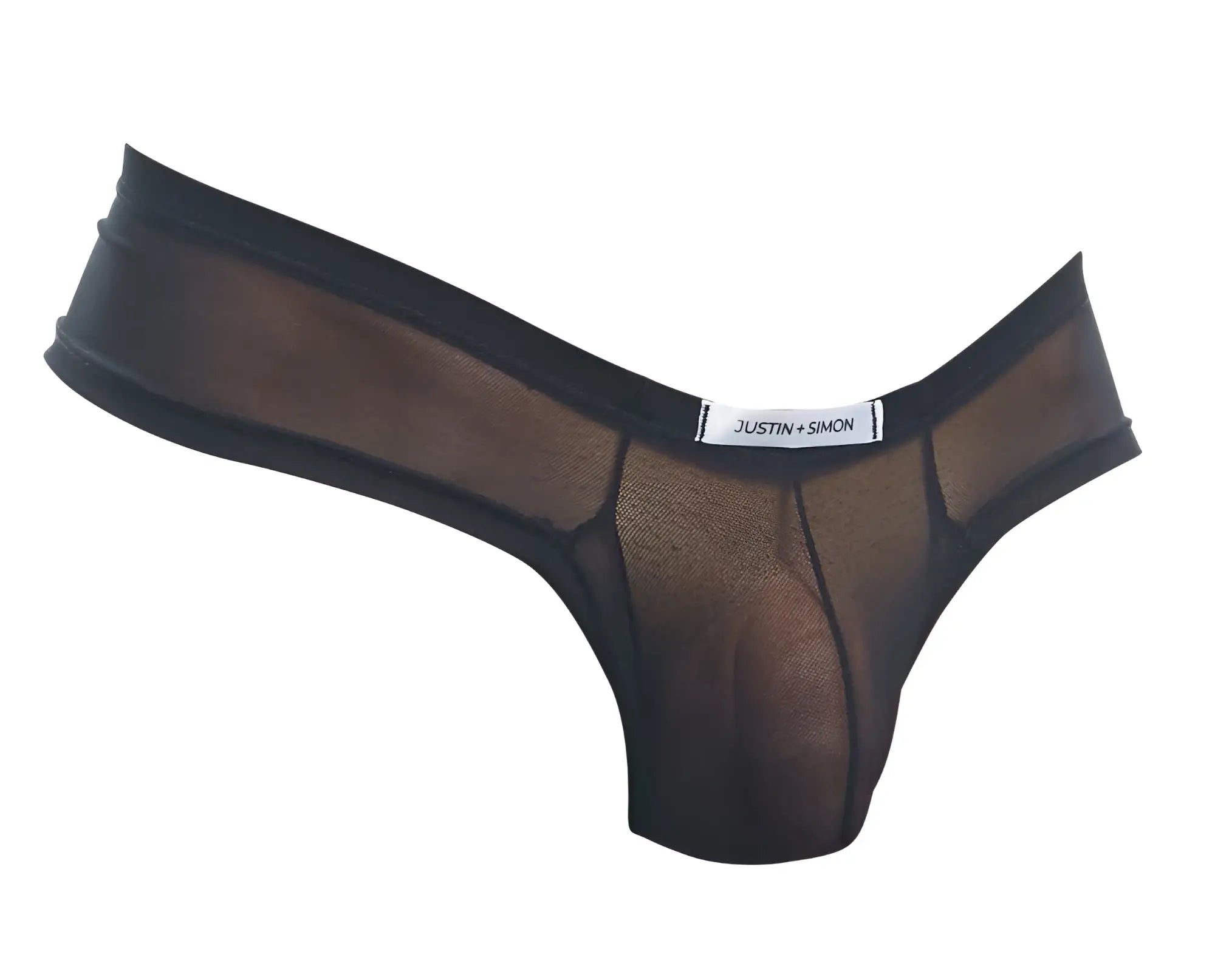 Black sheer mesh thong with solid black waistband and justin plus simon label cheek briefs front view
