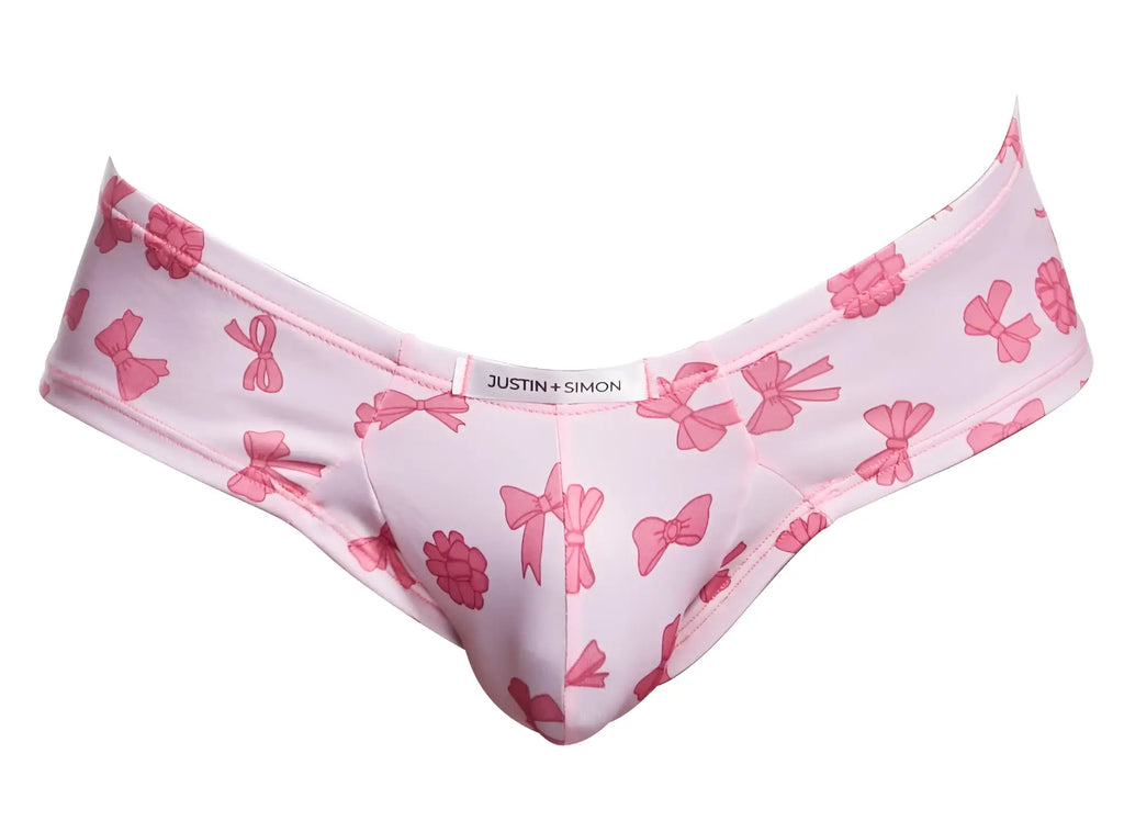 Justin simon xsj22 cheek briefs in coquette color featuring pink bow patterns on soft fabric for comfortable wear