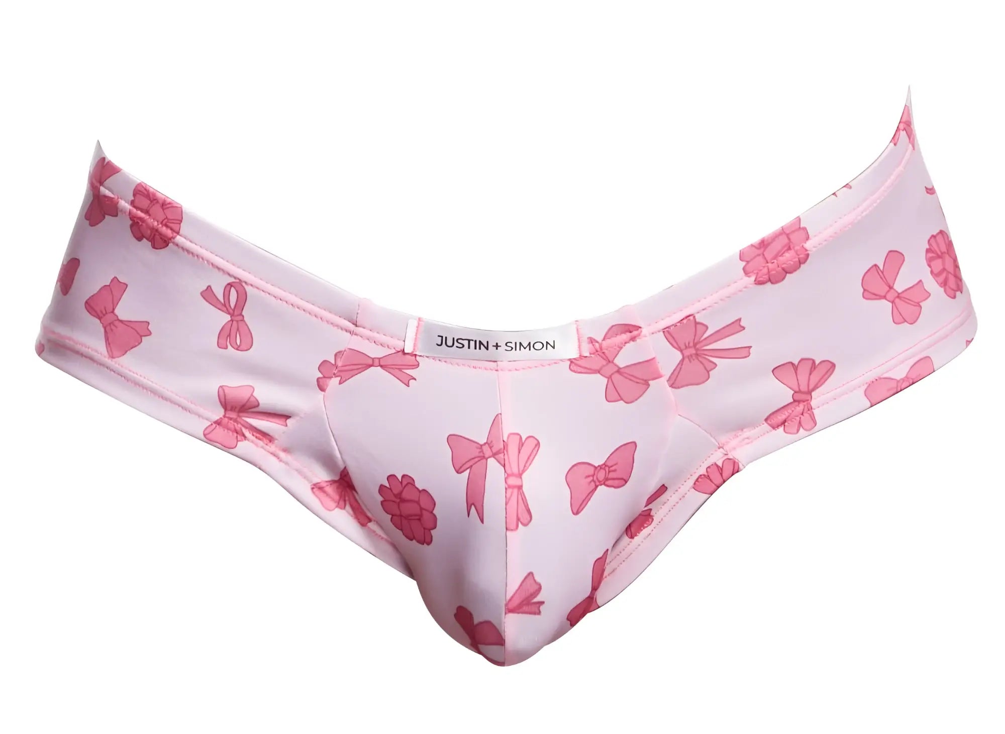 Justin simon xsj22 cheek briefs in coquette color featuring pink bow patterns on soft fabric for comfortable wear