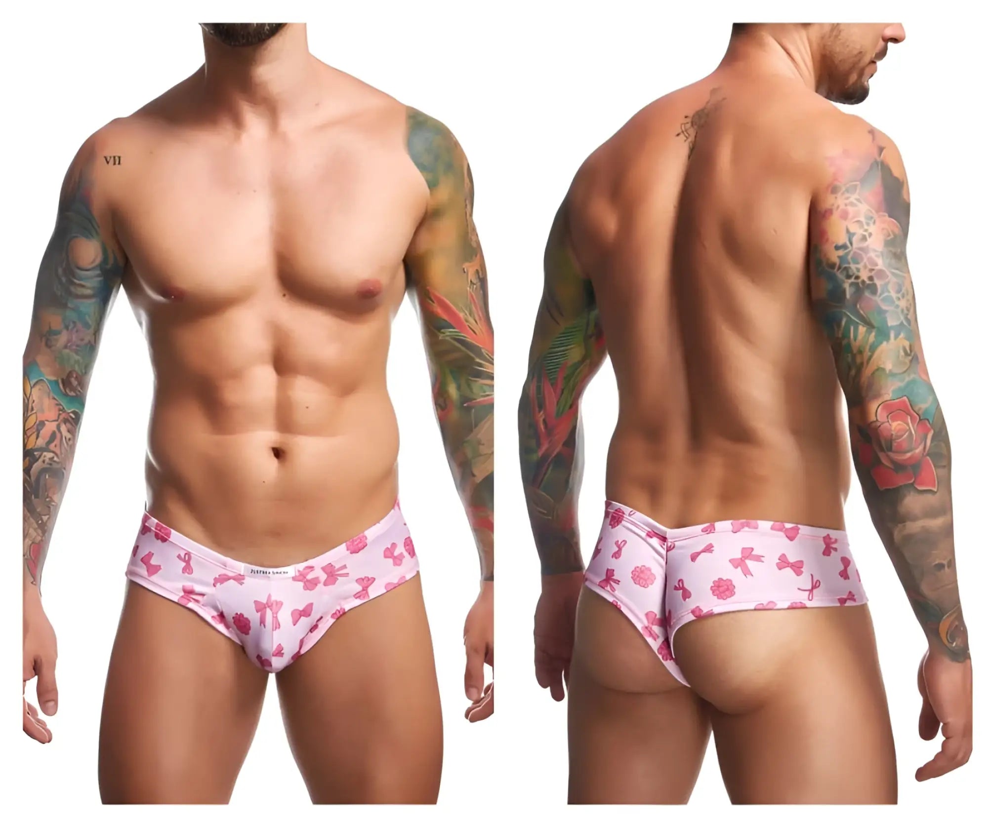 Pink bow-patterned men’s briefs from justin+simon xsj22 cheek briefs in coquette color with soft fabric front view