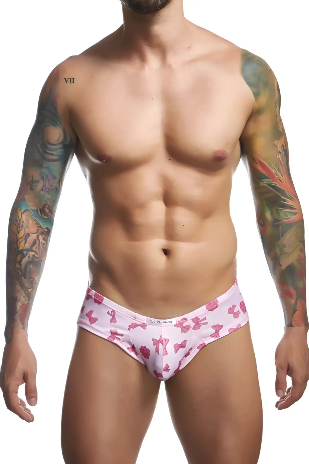 Justin+Simon XSJ22 cheek briefs in coquette pink with bow pattern and white xterra touch waistband for men