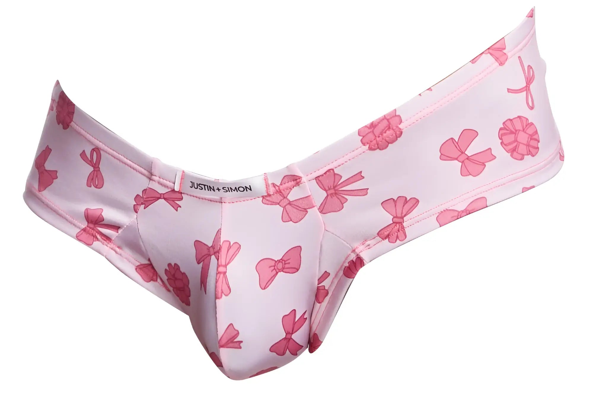 Pink bow-patterned cheek briefs for women by justin simon in color coquette designed for comfortable wear