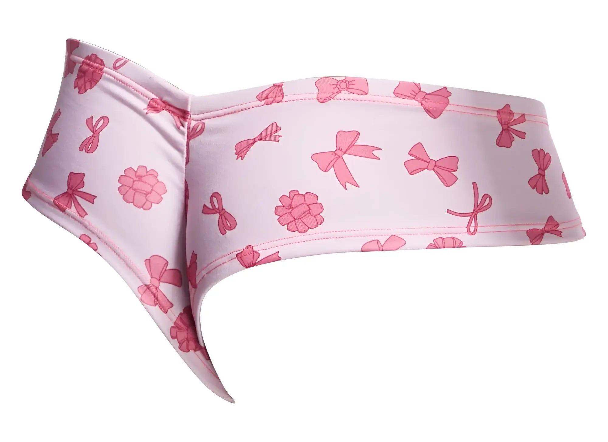 Pink patterned bikini bottom with bows and raspberries on light pink fabric from justin simon cheek briefs coquette collection