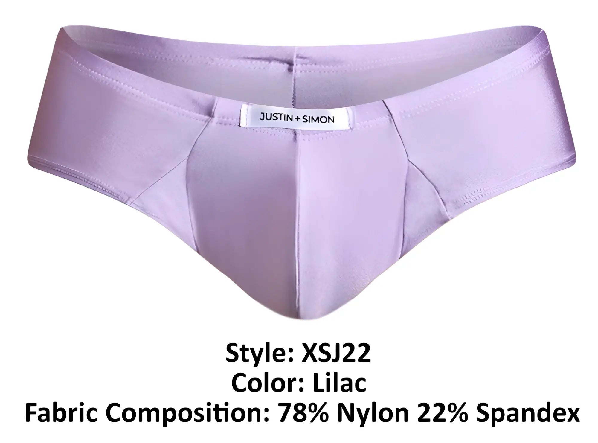Lilac justin simon men’s briefs made from 78 nylon and 22 spandex in a cheek brief style front view